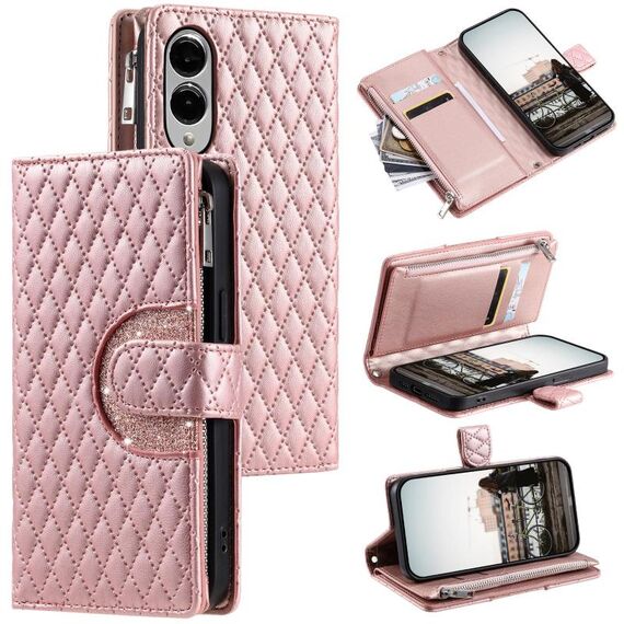 Per Samsung Galaxy S25 Edge 5G Custodia per telefono in pelle con cerniera a reticolo glitterato (oro rosa)