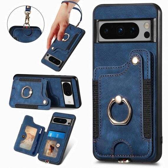 Per Google Pixel 6a Custodia per telefono con portafoglio multi-carta con effetto pelle retrò (blu)