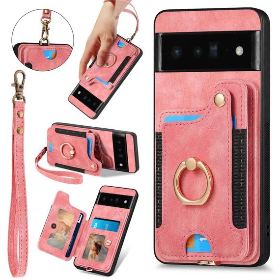 Per Google Pixel 6 Pro Custodia per telefono con portafoglio multi-carta Retro Skin-feel Ring (rosa)