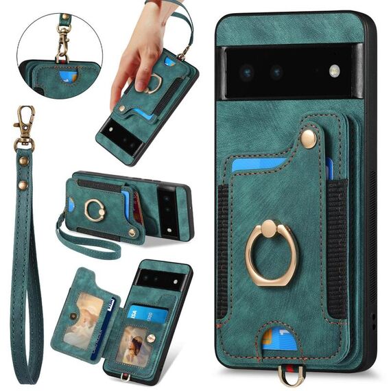 Per Google Pixel 6 Custodia per telefono con portafoglio multi-carta con effetto pelle retrò (verde)