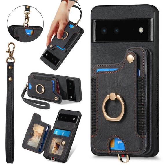 Per Google Pixel 6 Custodia per telefono con portafoglio multi-carta con effetto pelle retrò (nero)