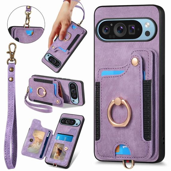 Per Google Pixel 9 / 9 Pro Custodia per telefono con portafoglio multi-carta con effetto pelle retrò (viola)