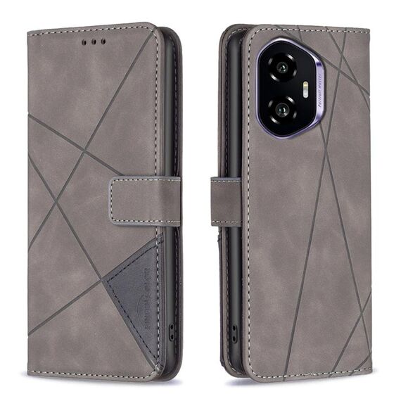Custodia per telefono in pelle con fibbia magnetica e trama a rombi per Honor 300 (grigio)