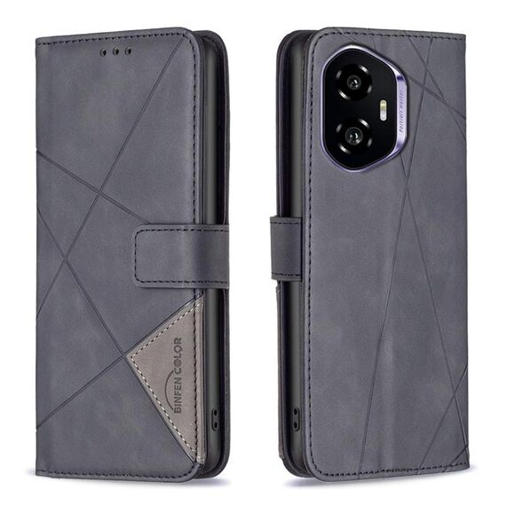 Custodia per telefono in pelle con texture a rombi e fibbia magnetica per Honor 300 (nera)