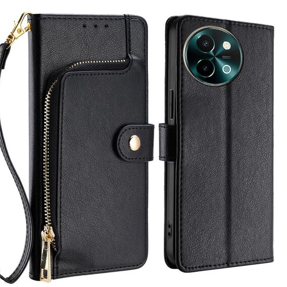 Per vivo Y38 5G / T3x Global Zipper Bag Custodia in pelle per telefono (nero)