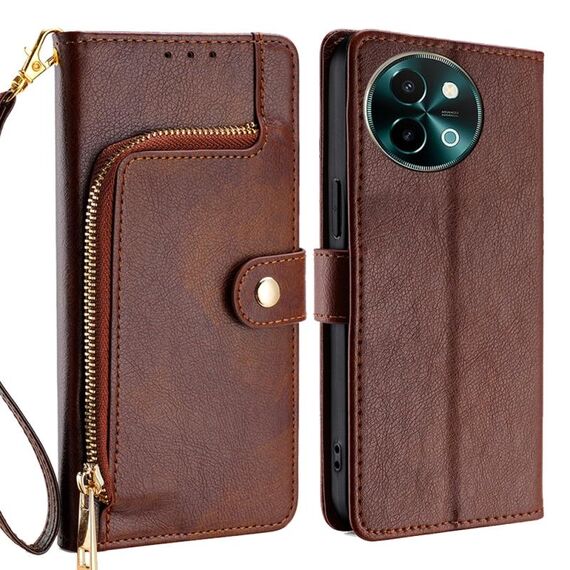 Per vivo Y38 5G / T3x Global Zipper Bag Custodia in pelle per telefono (marrone)