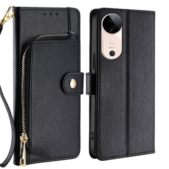 Per vivo S19 Custodia per telefono in pelle con cerniera (nero)
