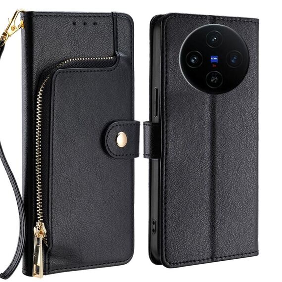 Per vivo X100s Custodia per telefono in pelle con cerniera (nero)