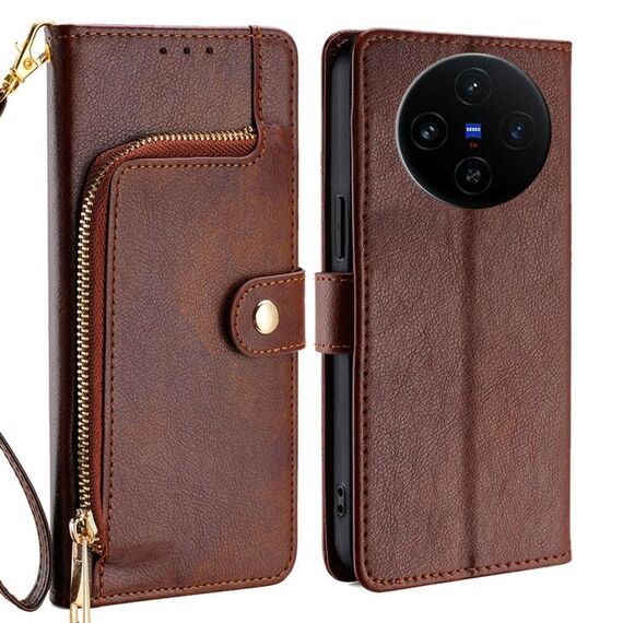 Per vivo X100s Custodia per telefono in pelle con cerniera (marrone)