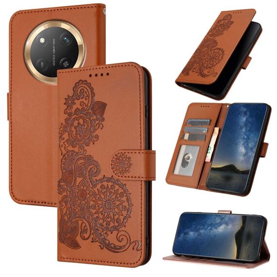 Custodia per telefono in pelle con stampa a fiore di Datura per Honor X9c Global (marrone)