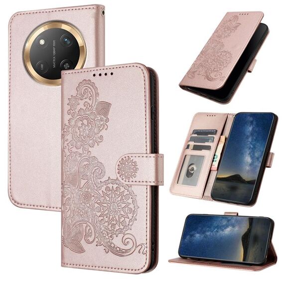 Custodia per telefono in pelle con stampa a fiore di Datura per Honor X9c Global (oro rosa)