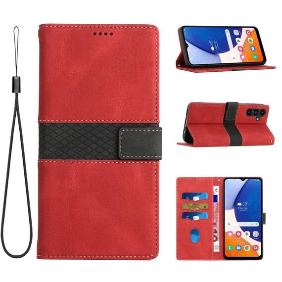 Per Samsung Galaxy S24+ 5G Custodia in pelle con cuciture a griglia e cordino (rosso)