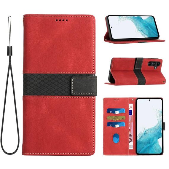 Per Samsung Galaxy S23 FE 5G Custodia in pelle con cuciture a griglia e cordino (rosso)
