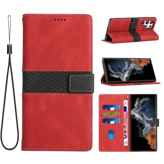 Per Samsung Galaxy S22 Ultra 5G Custodia in pelle con cuciture a griglia e cordino (rosso)