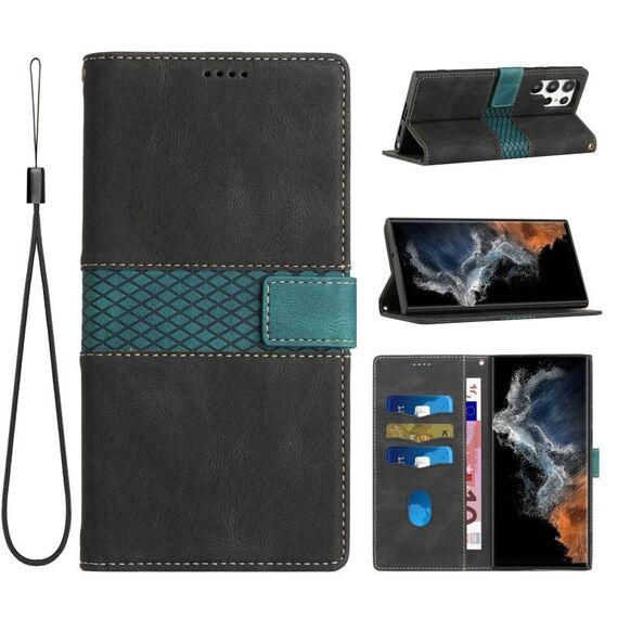 Per Samsung Galaxy S22 Ultra 5G Custodia in pelle con cuciture a griglia e cordino (nero)