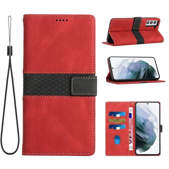Per Samsung Galaxy S22 5G Custodia in pelle con cuciture a griglia e cordino (rosso)