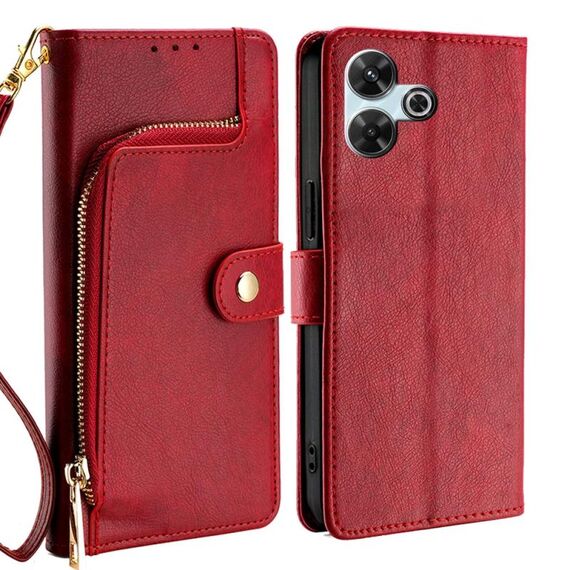 Per Redmi 13 4G Custodia in pelle con cerniera (rosso)