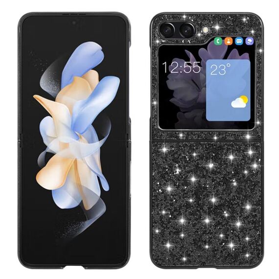Per Samsung Galaxy Z Flip6 Custodia per telefono in TPU antiurto con polvere glitterata (nero)