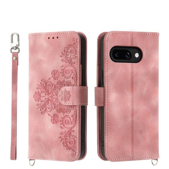 Per Google Pixel 9a Custodia in pelle con motivo a fiori in rilievo e portafoglio (rosa)