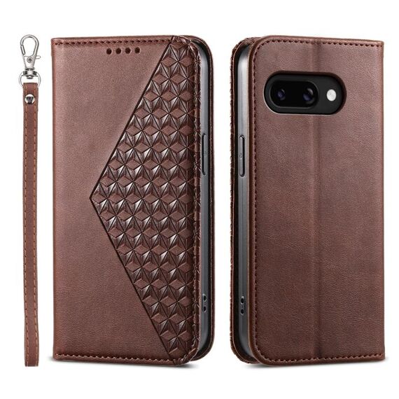 Per Google Pixel 9a Custodia per telefono magnetica in pelle di vitello con griglia cubica (marrone)
