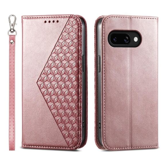 Per Google Pixel 9a Custodia per telefono magnetica in pelle di vitello con griglia cubica (oro rosa)