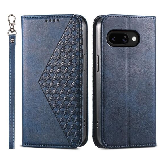 Per Google Pixel 9a Custodia per telefono magnetica in pelle di vitello con griglia cubica (blu)