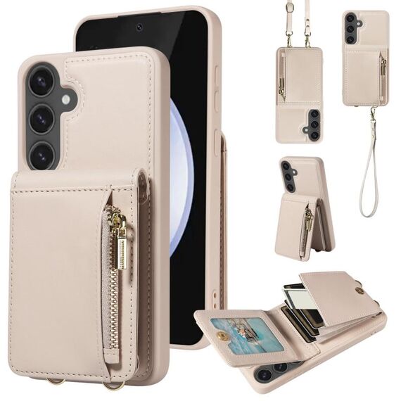 Per Samsung Galaxy S24 FE 5G Custodia a tracolla con cerniera in pelle per telefono cellulare (beige)
