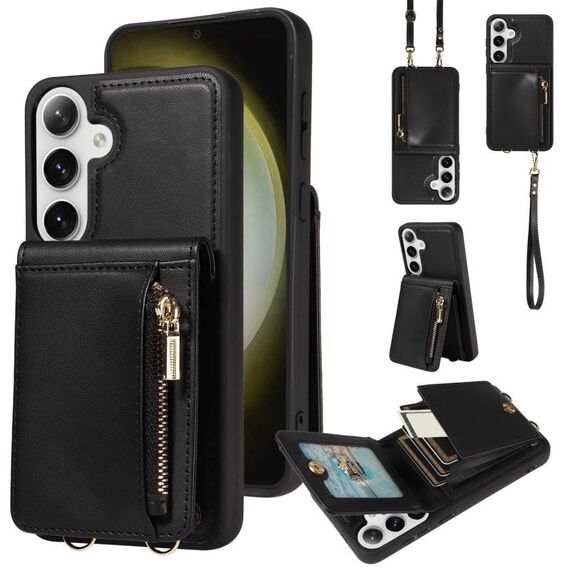Per Samsung Galaxy S25+ 5G Custodia a tracolla in pelle con cerniera e cordino (nero)