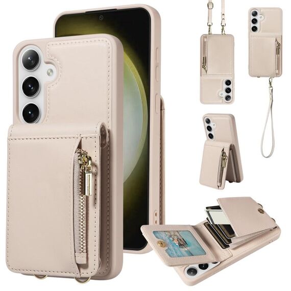 Per Samsung Galaxy S24+ 5G Custodia a tracolla con cerniera in pelle per telefono cellulare (beige)