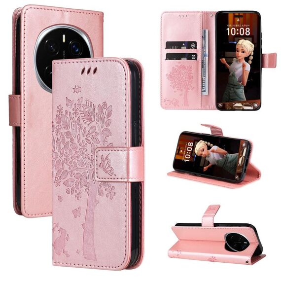 Custodia in pelle flip per telefono cellulare For Honor Magic7 Pro Tree & Cat Embossed Pattern (oro rosa)
