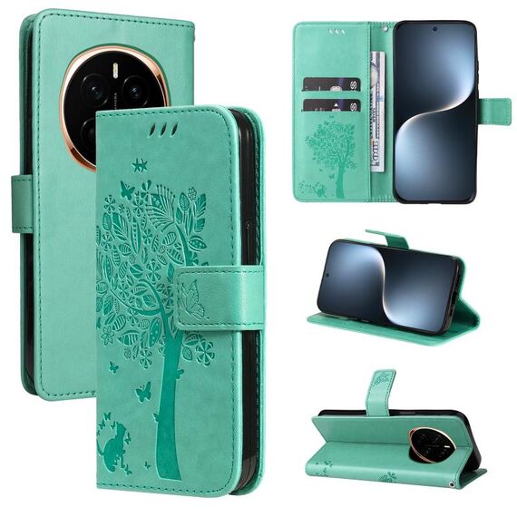 Custodia in pelle flip per telefono For Honor Magic7 con motivo in rilievo Tree & Cat (verde)