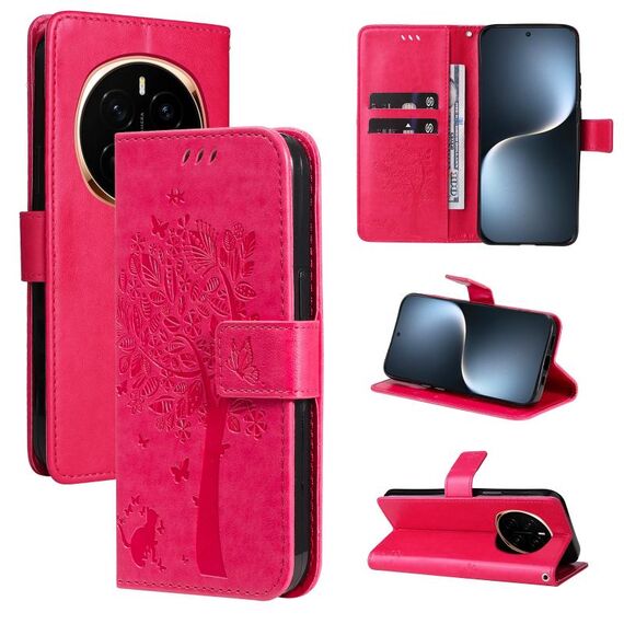 Custodia in pelle flip per telefono For Honor Magic7 con motivo in rilievo albero e gatto (rosso rosa)