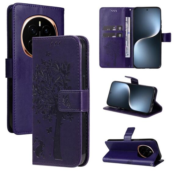 Custodia in pelle flip per telefono For Honor Magic7 con motivo in rilievo albero e gatto (viola)