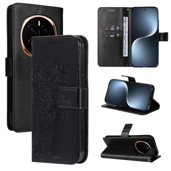 Custodia in pelle flip per telefono For Honor Magic7 con motivo in rilievo Tree & Cat (nero)