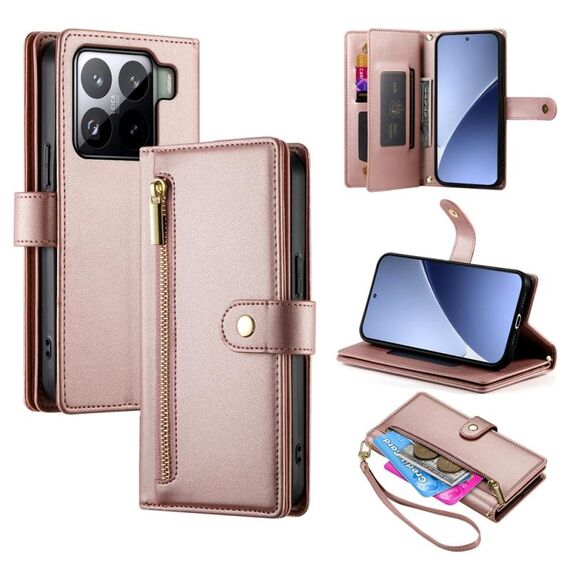Per Xiaomi 15 Pro Nine Card-slot Zipper Wallet Bag Custodia in pelle per telefono (rosa)