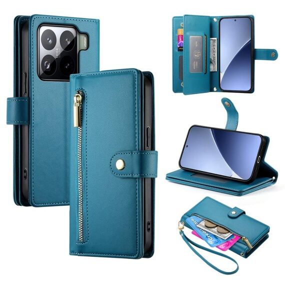 Per Xiaomi 15 Pro Nine Card-slot Zipper Wallet Bag Custodia in pelle per telefono (blu)
