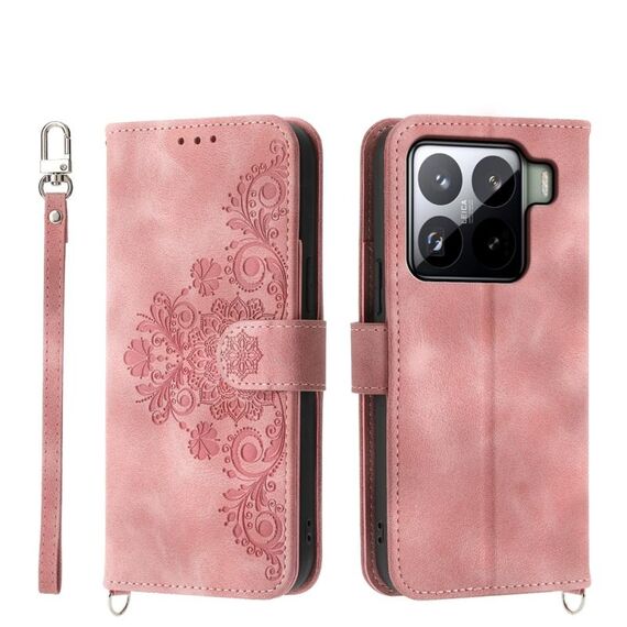 Per Xiaomi 15 Custodia in pelle con motivo a fiori in rilievo e portafoglio (rosa)