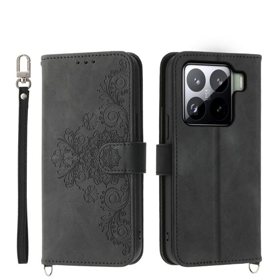Per Xiaomi 15 Pro Custodia in pelle con motivo floreale in rilievo (nero)