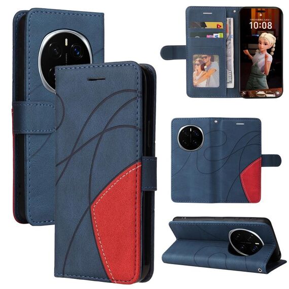 Custodia per telefono in pelle flip bicolore con giunzioni per Honor Magic7 Pro (blu)