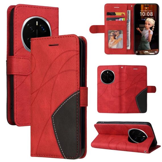 Custodia per telefono in pelle flip bicolore con giunzioni per Honor Magic7 Pro (rosso)