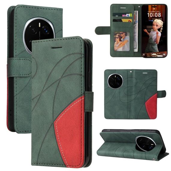 Custodia per telefono in pelle flip bicolore con giunzioni per Honor Magic7 Pro (verde)