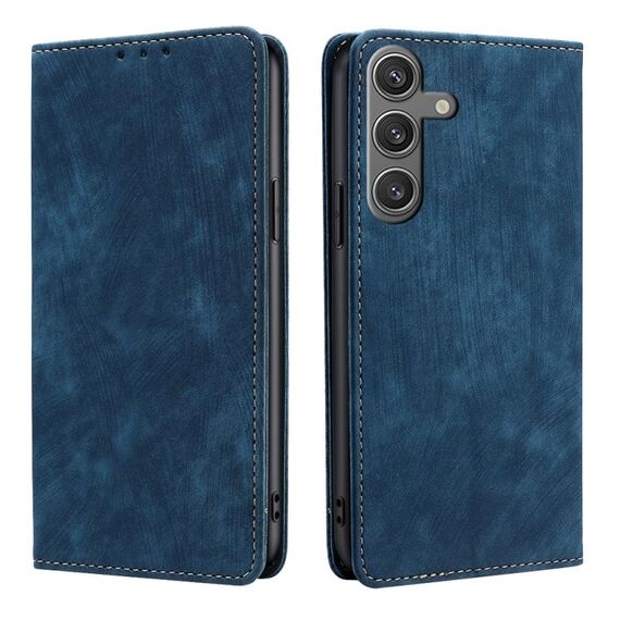 Per Samsung Galaxy S25 5G RFID Antifurto Spazzola Magnetico Custodia in Pelle per Telefono (Blu)