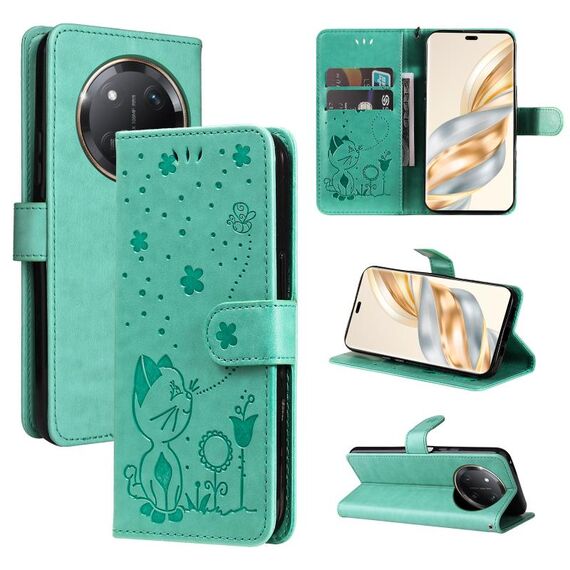 Per Honor X9C 5G Custodia in pelle antiurto con motivo a rilievo con gatto e ape globale (verde)