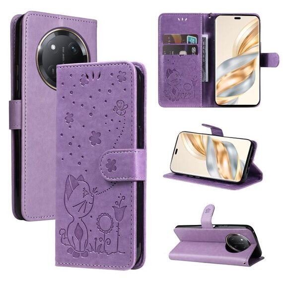 Per Honor X9C 5G Global Cat Bee Embossing Pattern Custodia in pelle antiurto (viola)