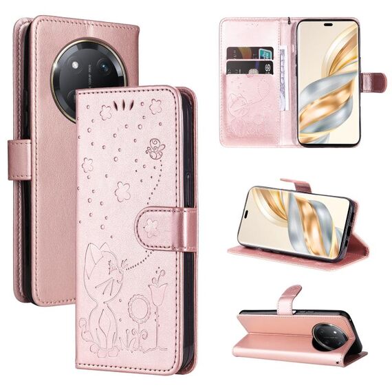 Per Honor X9C 5G Global Cat Bee Embossing Pattern Custodia in pelle antiurto (oro rosa)