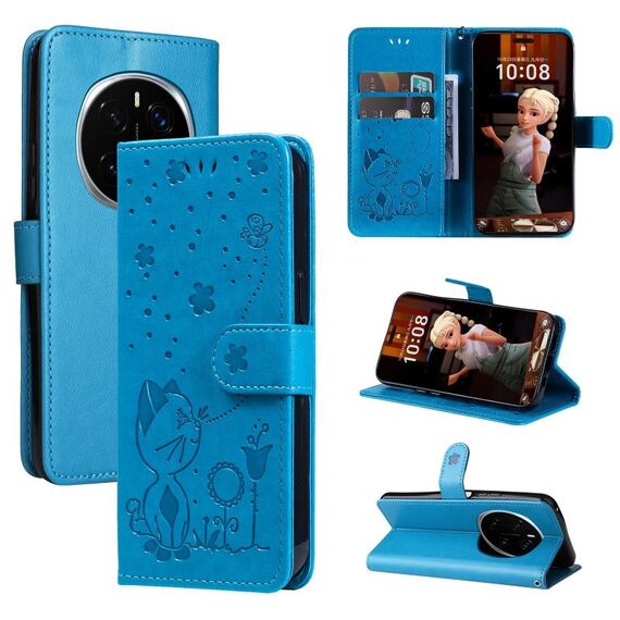 Custodia in pelle antiurto con motivo a rilievo per Honor Magic7 Pro Cat Bee (blu)