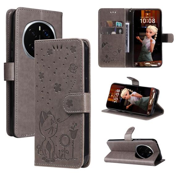 Custodia in pelle antiurto con motivo a rilievo a forma di ape per Honor Magic7 Pro (grigio)