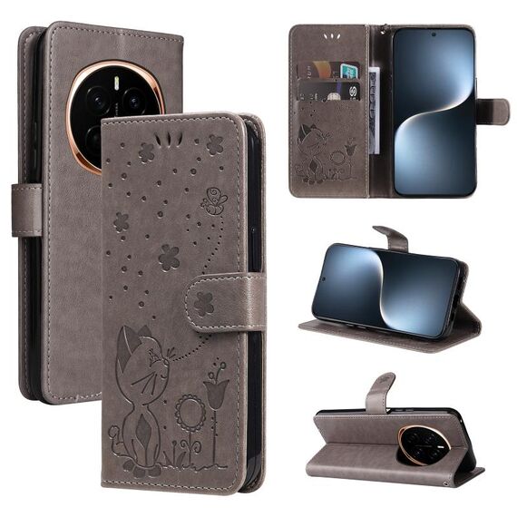 Custodia in pelle antiurto con motivo a rilievo a forma di ape per Honor Magic7 (grigio)
