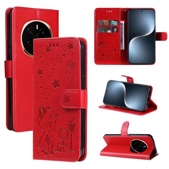 Custodia in pelle antiurto con motivo a rilievo per Honor Magic7 Cat Bee (rosso)