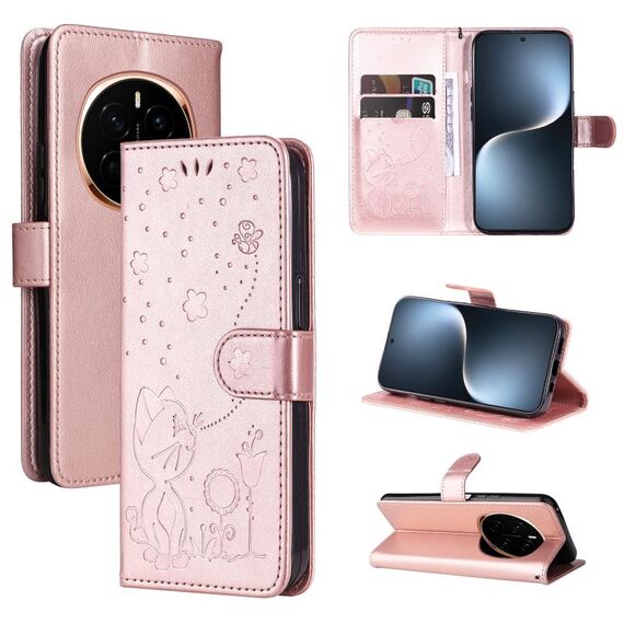Custodia in pelle antiurto con motivo a rilievo a forma di ape per Honor Magic7 (oro rosa)